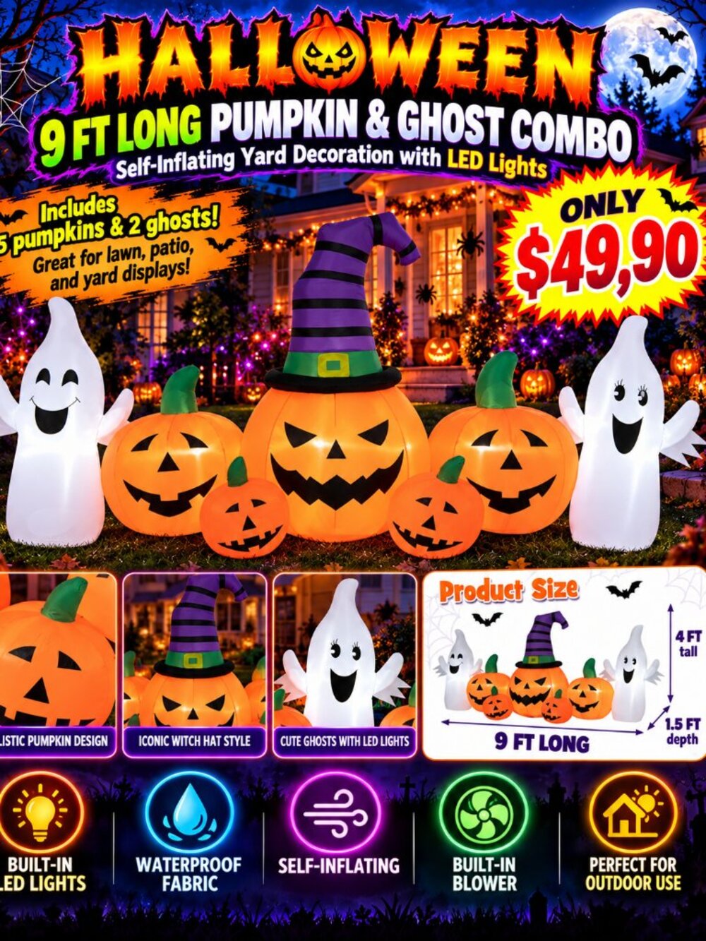 Patiojoy 9FT Long Halloween Inflatable Pumpkins Self
